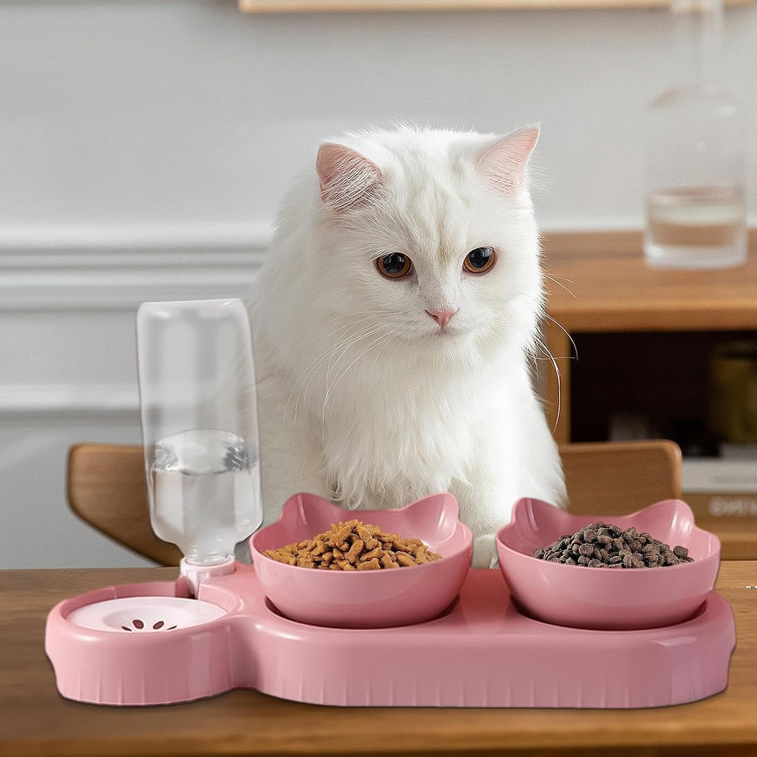 Cat Food Bowl - 500ml Dog Food Bowl, Double Dog Bowl, Sloped Cat Dish with Automatic Water Bottle, Heavy Duty Pet Feeder, Bowl