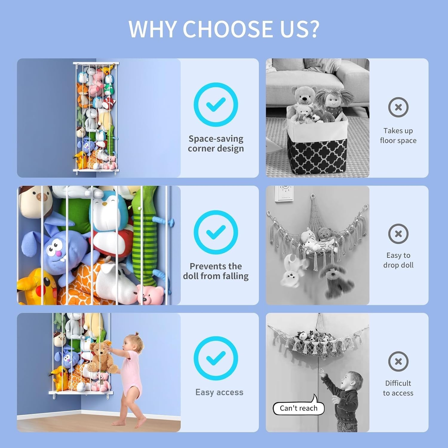 Corner Stuffed Animal Storage for Kids Room - Length Adjustable Wall Stuffed Animal Organizer - Plush Toy Holder Shelf for Nursery Playroom Bedroom