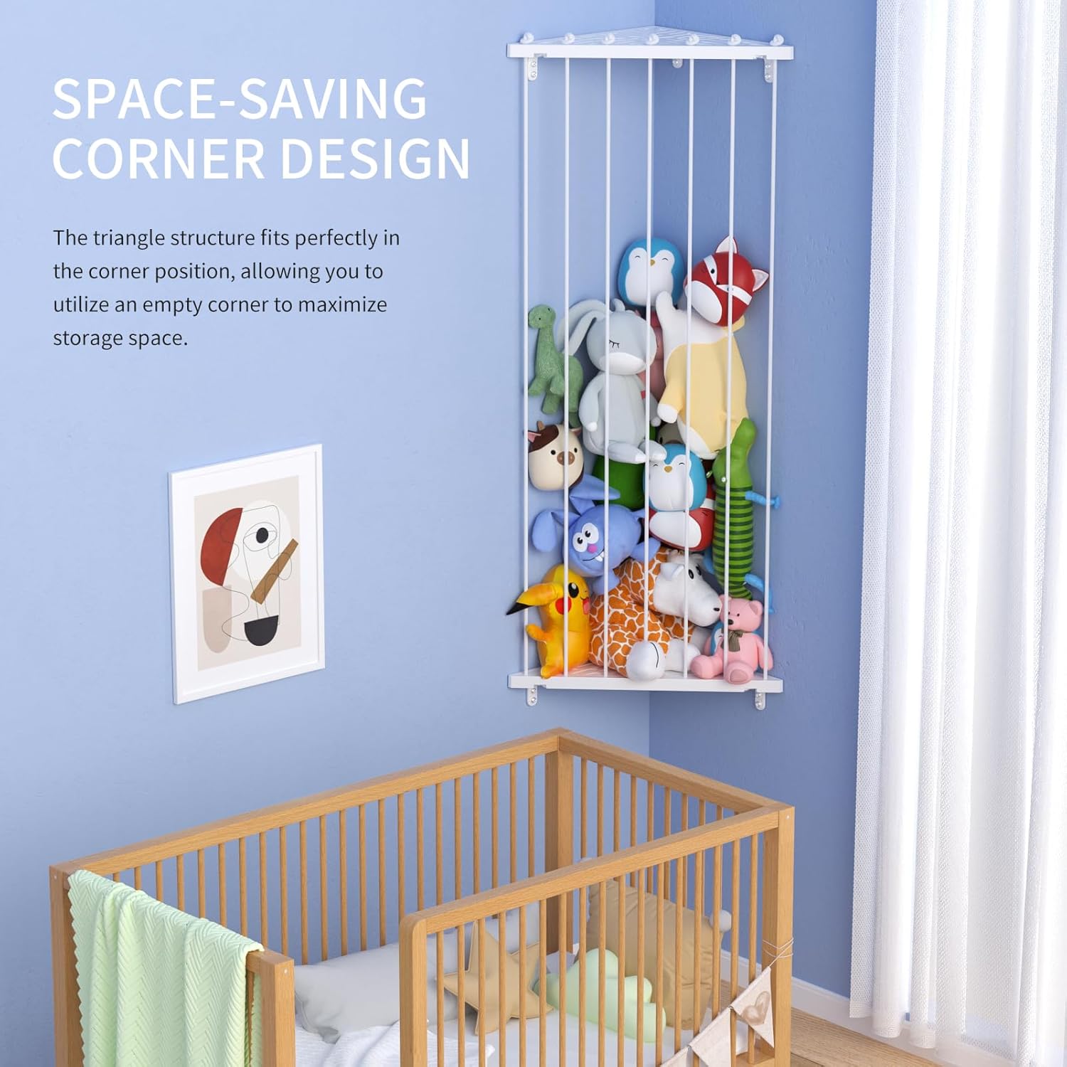 Corner Stuffed Animal Storage for Kids Room - Length Adjustable Wall Stuffed Animal Organizer - Plush Toy Holder Shelf for Nursery Playroom Bedroom