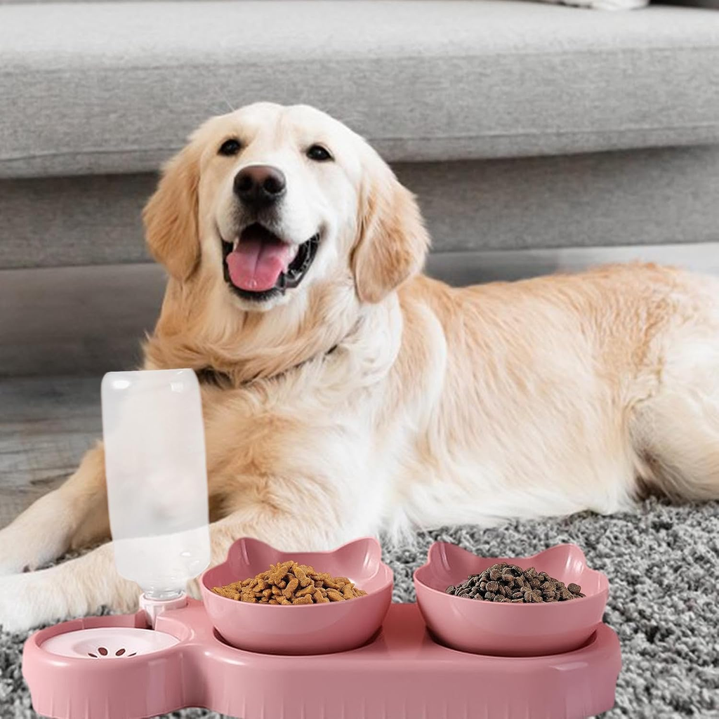 Cat Food Bowl - 500ml Dog Food Bowl, Double Dog Bowl, Sloped Cat Dish with Automatic Water Bottle, Heavy Duty Pet Feeder, Bowl
