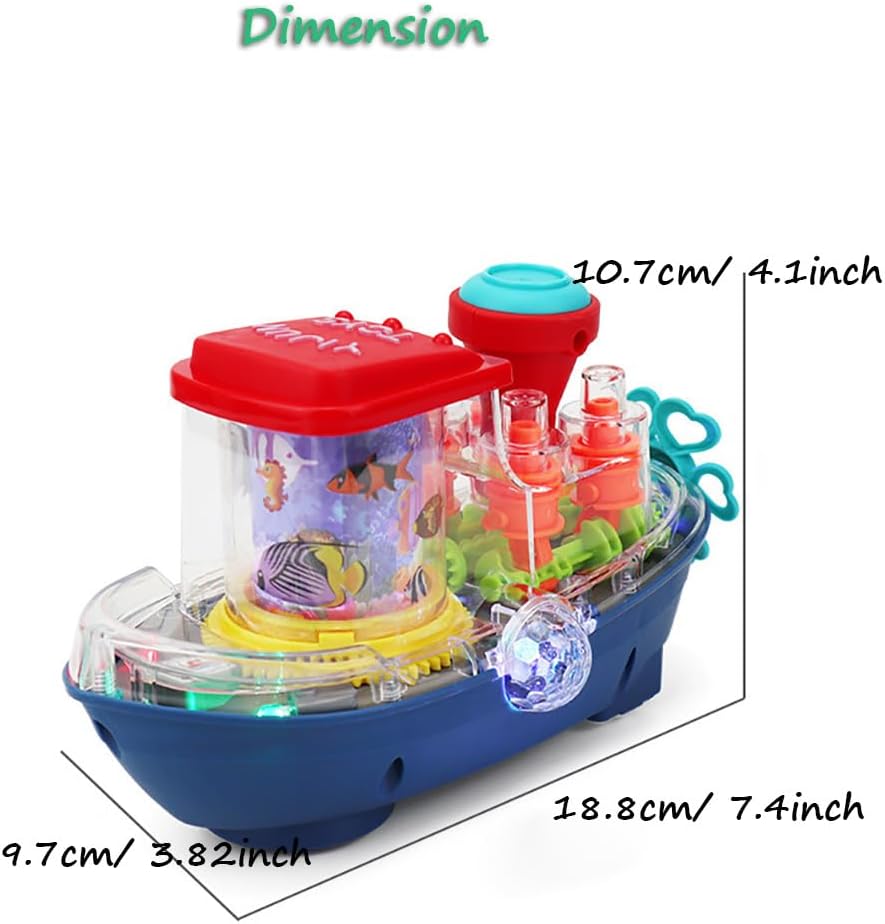 Electric Transparent Gear Boat Toy Clearance, Universal Walking Ship with Flashing Lights & Music, Ocean Sea Animal Mechanical Toy for Toddlers
