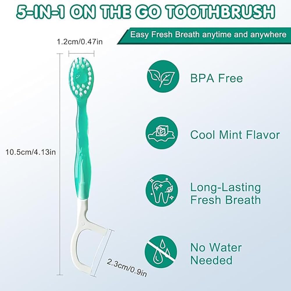 Clearance 5-in-1 Disposable Travel Toothbrushes, No Water Needed Mint Bead On-the-Go Mini Toothbrush with Floss Tongue Scraper Toothpick, 26PCS Per Pack