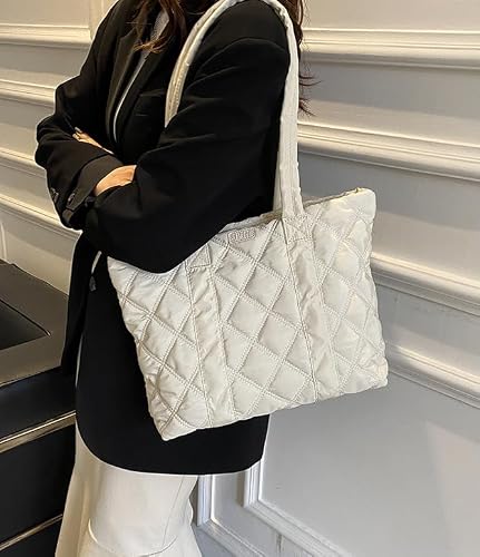Diamond Quilted Puffer Tote Bag, Oversized Lightweight Nylon Shoulder Bag, Casual Commuter Handbag Clearance Overstock