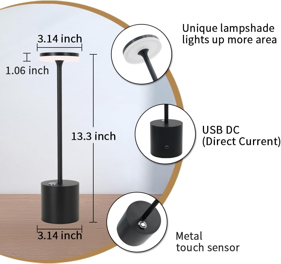 Cordless Tall LED Table Lamp Clearance, Touch Dimmable Rechargeable Metal Desk Night Light, Multi Colors Available for Bar Bedroom Restaurant