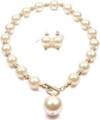 Large Faux Pearl Necklace Earring Jewelry Set Clearance, Classic Single Strand Pearl Pendant Choker, Elegant Bridal Wedding Formal Party Pearl Jewelry Set for Women