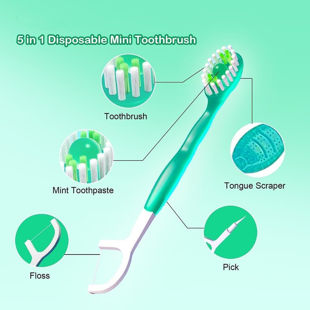 Clearance 5-in-1 Disposable Travel Toothbrushes, No Water Needed Mint Bead On-the-Go Mini Toothbrush with Floss Tongue Scraper Toothpick, 26PCS Per Pack