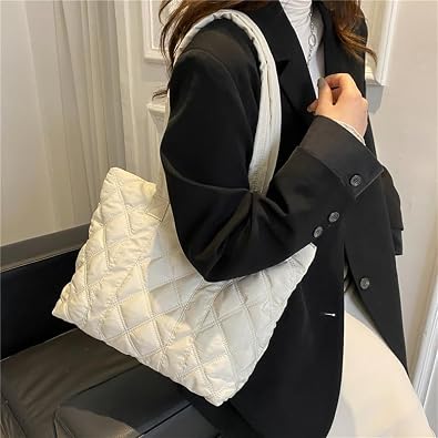 Diamond Quilted Puffer Tote Bag, Oversized Lightweight Nylon Shoulder Bag, Casual Commuter Handbag Clearance Overstock