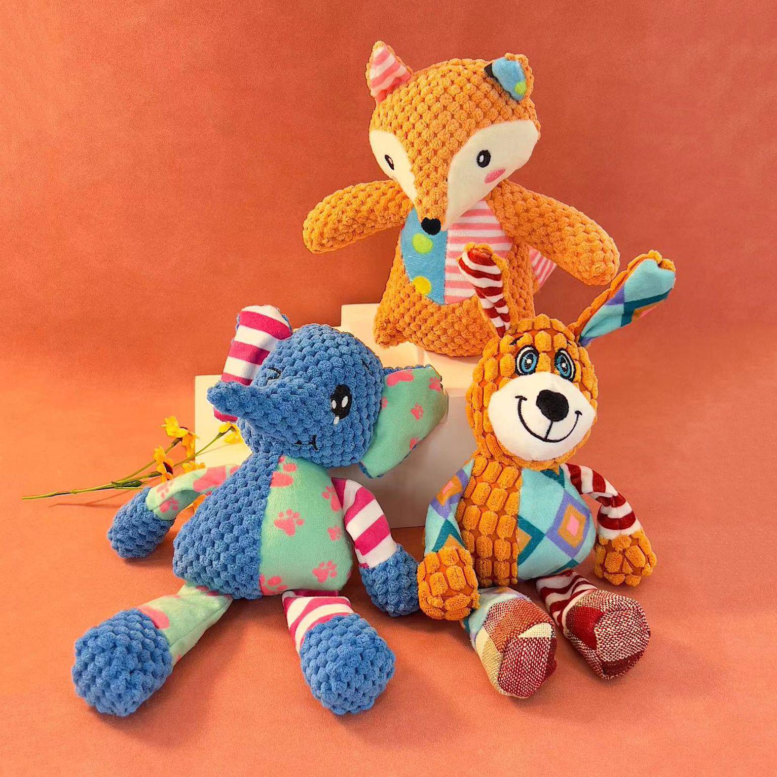Plush pet toys: dogs – self-entertaining, sound-making toys; cats – chew toys, durable, interactive plush toys; pet supplies