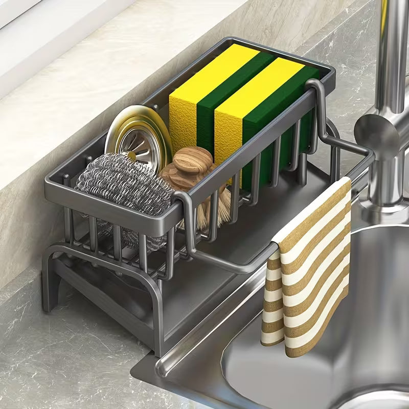 Gray Metal Sink Caddy Organizer with Drain Tray Clearance, Multi-Function Kitchen Sponge Brush Holder, Rustproof Countertop Dishwashing Accessory Storage Rack