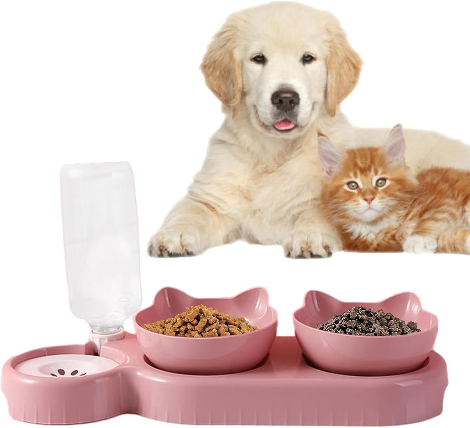 Cat Food Bowl - 500ml Dog Food Bowl, Double Dog Bowl, Sloped Cat Dish with Automatic Water Bottle, Heavy Duty Pet Feeder, Bowl