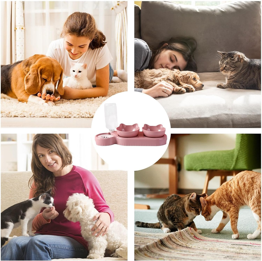 Cat Food Bowl - 500ml Dog Food Bowl, Double Dog Bowl, Sloped Cat Dish with Automatic Water Bottle, Heavy Duty Pet Feeder, Bowl
