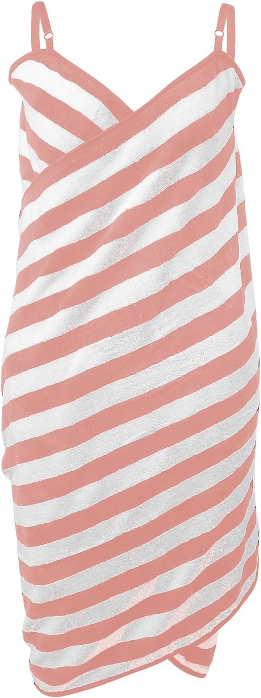Surplus Stock 1187 Pink White Striped Spaghetti Strap Terry Bath Wrap Dress, Absorbent Shower Cover Up Spa Towel Gown Wholesale