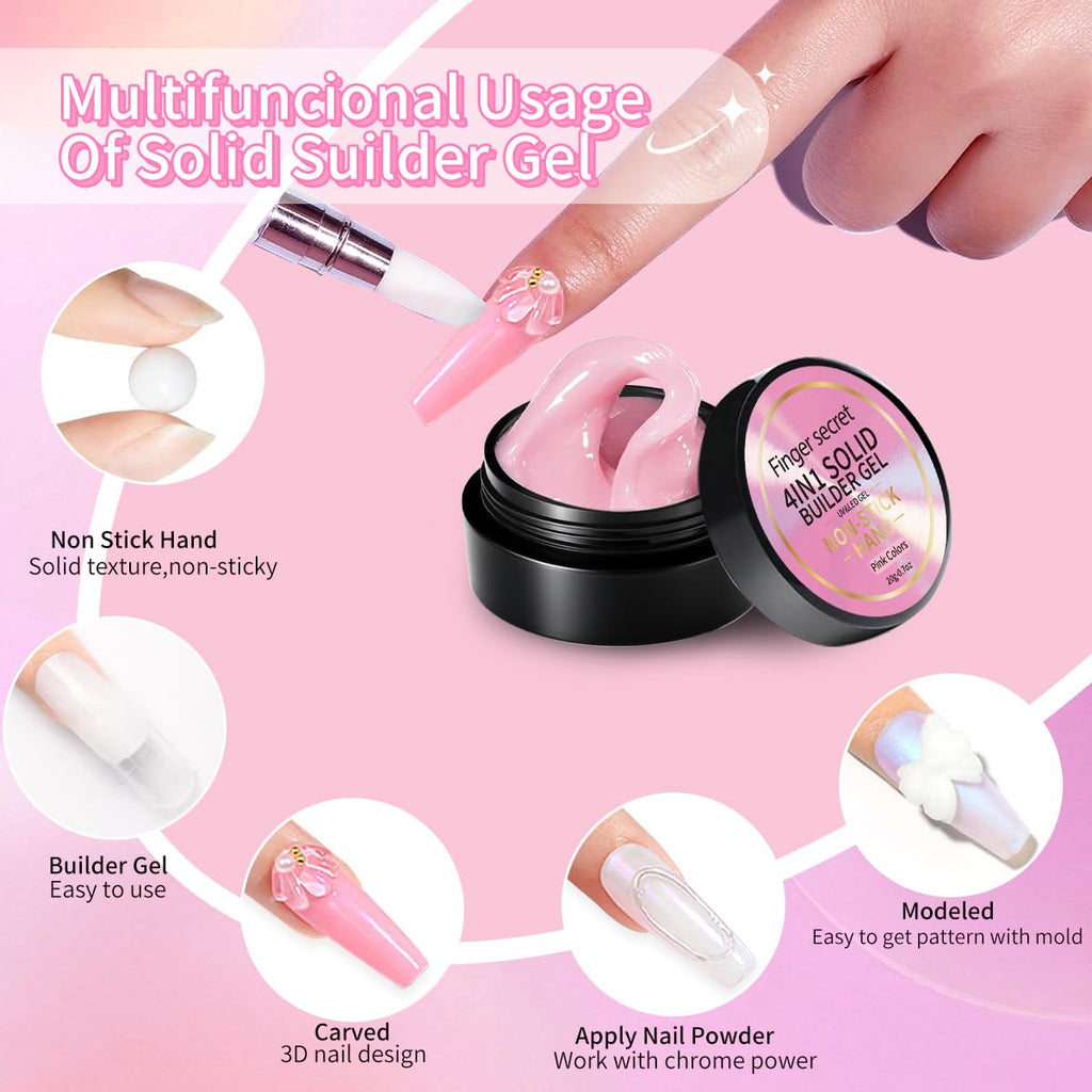 Clearance 20g Solid Builder Gel 4-in-1 Kit, Non-Sticky Nail Extension Gel with Manicure Tools for Salon & DIY
