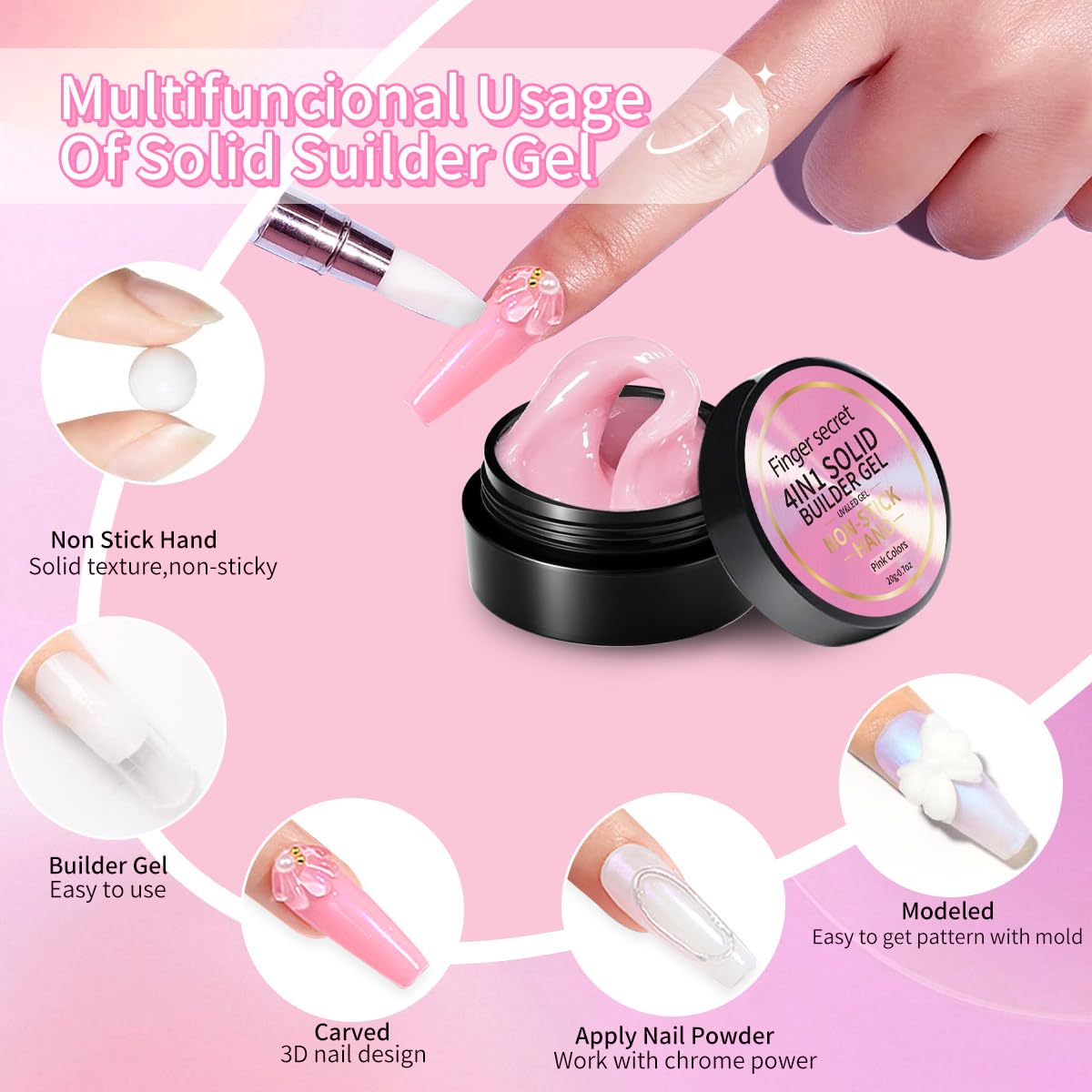 Clearance 20g Solid Builder Gel 4-in-1 Kit, Non-Sticky Nail Extension Gel with Manicure Tools for Salon & DIY