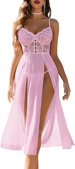 Random Color & Size Surplus Liquidation Batch 838 Pieces High Split Chiffon Maxi Night Dress, Lace Waist Romantic Intimate Loungewear