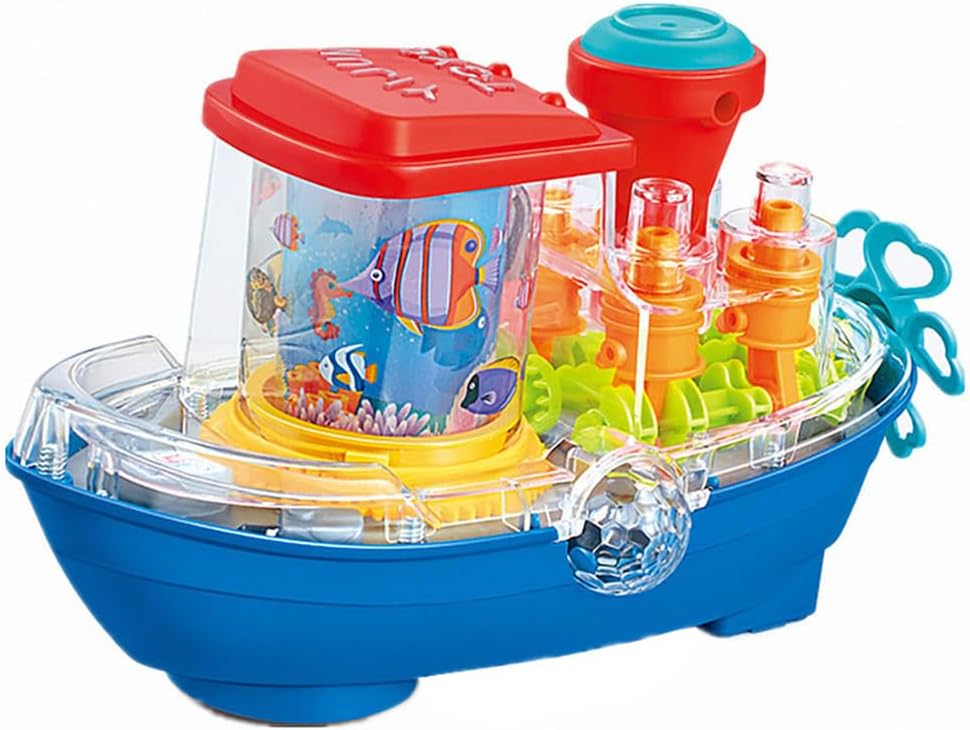 Electric Transparent Gear Boat Toy Clearance, Universal Walking Ship with Flashing Lights & Music, Ocean Sea Animal Mechanical Toy for Toddlers