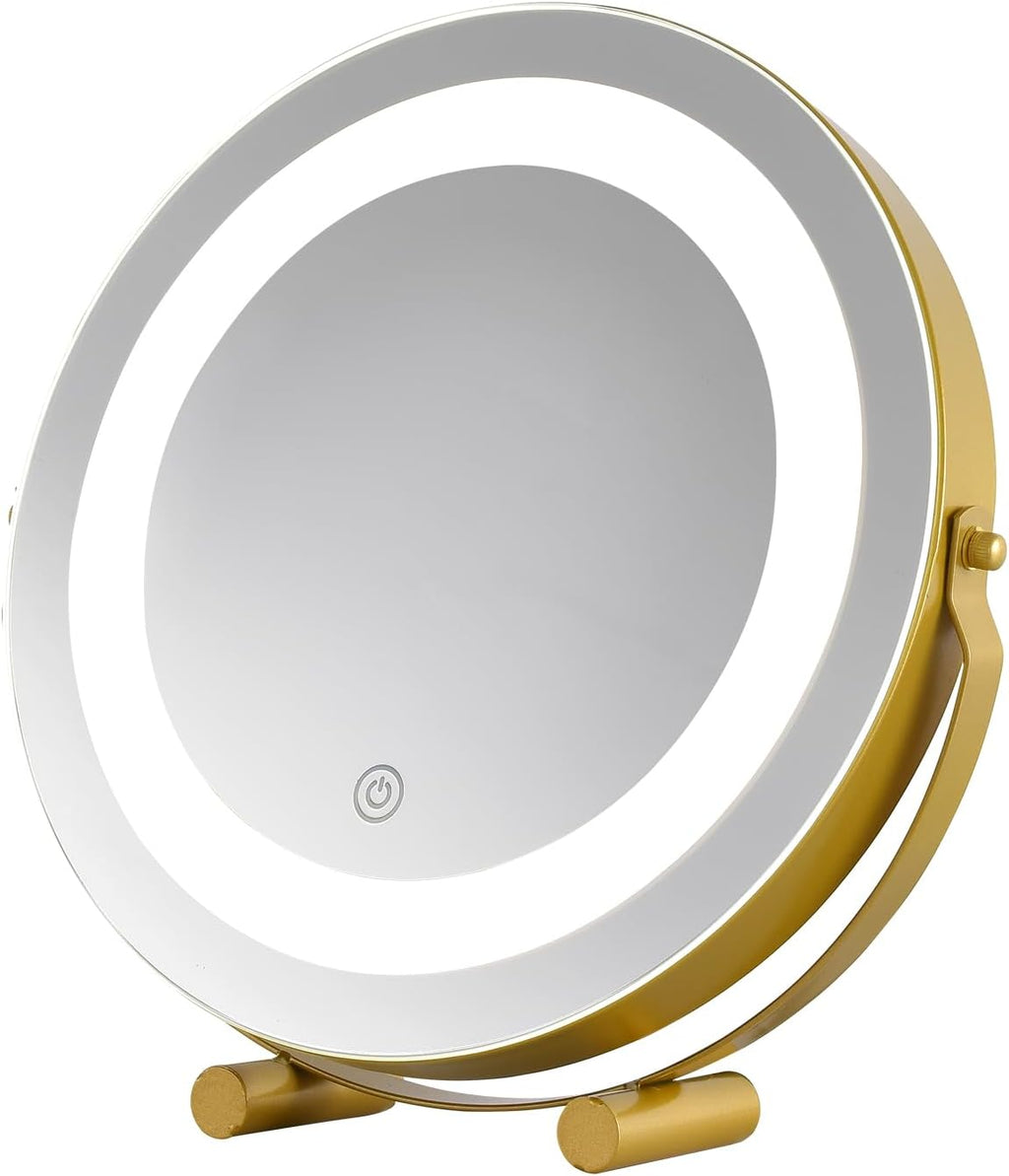 Modern LED Vanity Mirror with Touch Control, Round Gold Metal Frame, Makeup Mirror with Stand for Bathroom, Bedroom, Dressing Table
