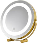 Modern LED Vanity Mirror with Touch Control, Round Gold Metal Frame, Makeup Mirror with Stand for Bathroom, Bedroom, Dressing Table