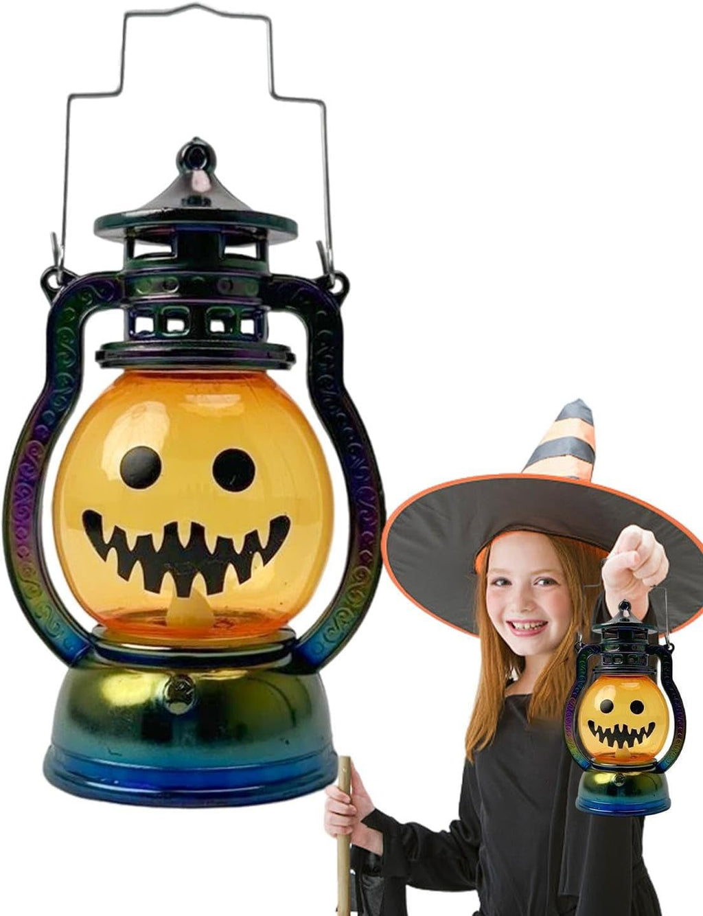 Mini Halloween Pumpkin Jack-o'-lantern Lantern Clearance, Iridescent Rainbow Frame LED Flickering Flame Night Light, Portable Hanging Halloween Party Table Decor Lamp