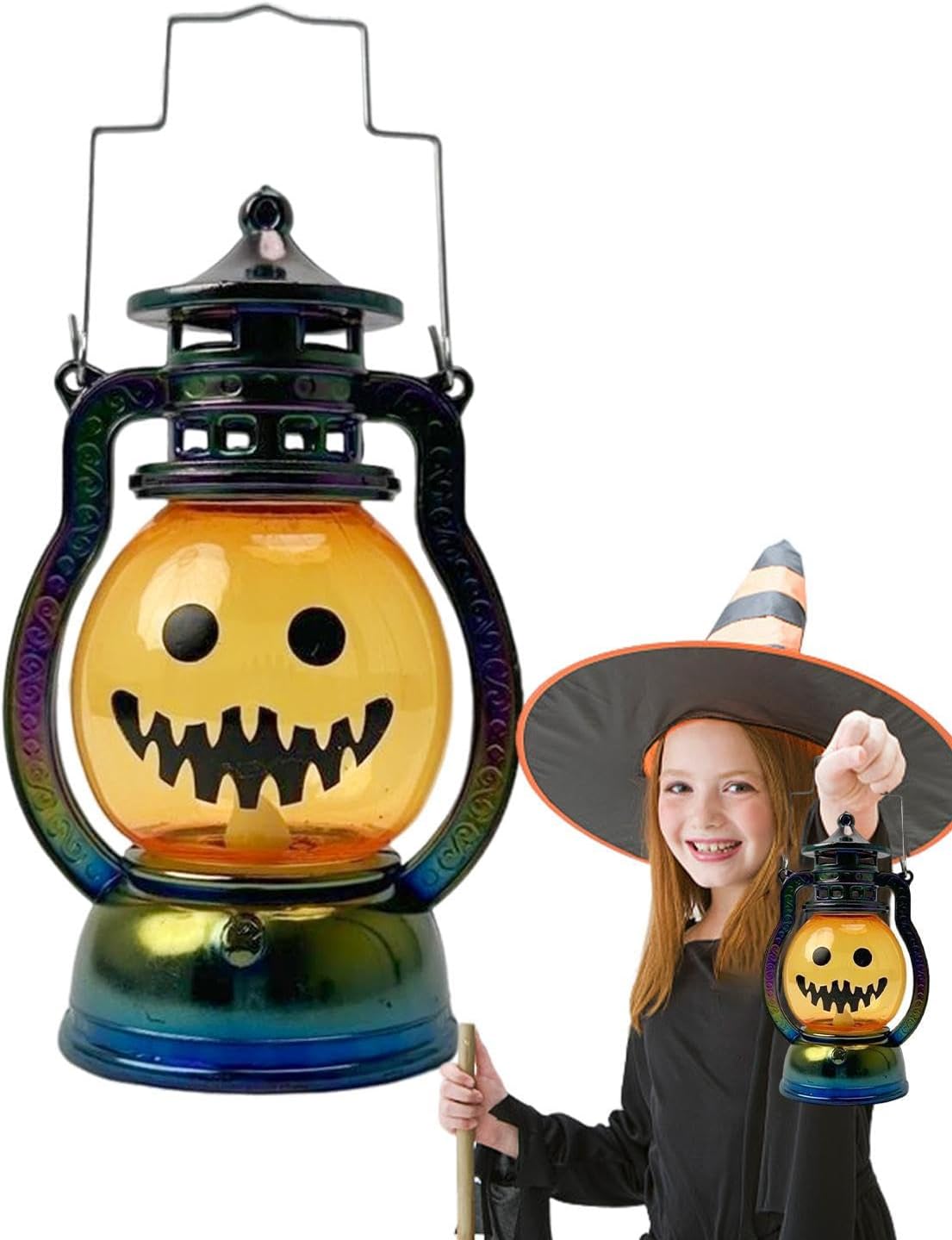 Mini Halloween Pumpkin Jack-o'-lantern Lantern Clearance, Iridescent Rainbow Frame LED Flickering Flame Night Light, Portable Hanging Halloween Party Table Decor Lamp