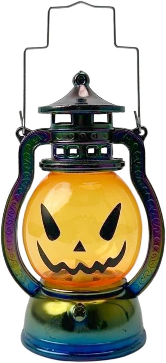Mini Halloween Pumpkin Jack-o'-lantern Lantern Clearance, Iridescent Rainbow Frame LED Flickering Flame Night Light, Portable Hanging Halloween Party Table Decor Lamp