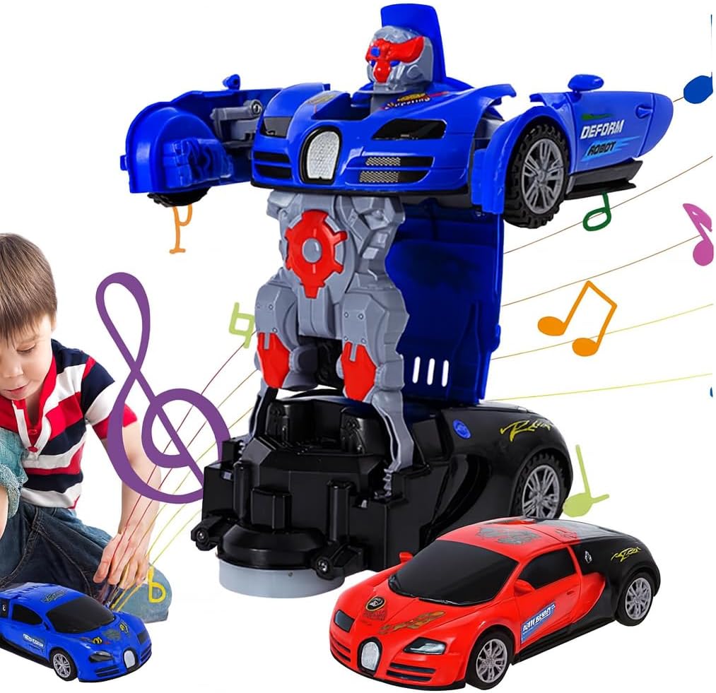 2 in 1 Bump & Go Transforming Car Robot Toy Clearance, Electric Auto Deformation Race Car with LED Lights & Music, Kids Toddler Vehicle Toy Mixed Colors