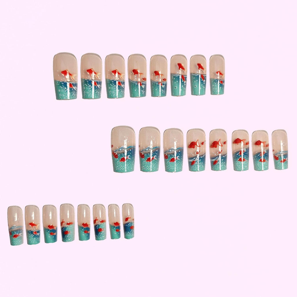 3D Goldfish Aquarium Press On Nails Clearance, Gradient Blue Water Bubble Handmade Fake Nails, Cute Koi Fish Coffin False Nail Set for Summer Manicure