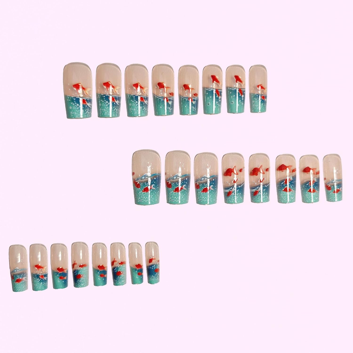 3D Goldfish Aquarium Press On Nails Clearance, Gradient Blue Water Bubble Handmade Fake Nails, Cute Koi Fish Coffin False Nail Set for Summer Manicure