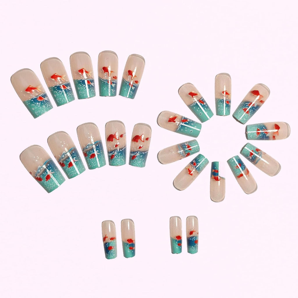 3D Goldfish Aquarium Press On Nails Clearance, Gradient Blue Water Bubble Handmade Fake Nails, Cute Koi Fish Coffin False Nail Set for Summer Manicure