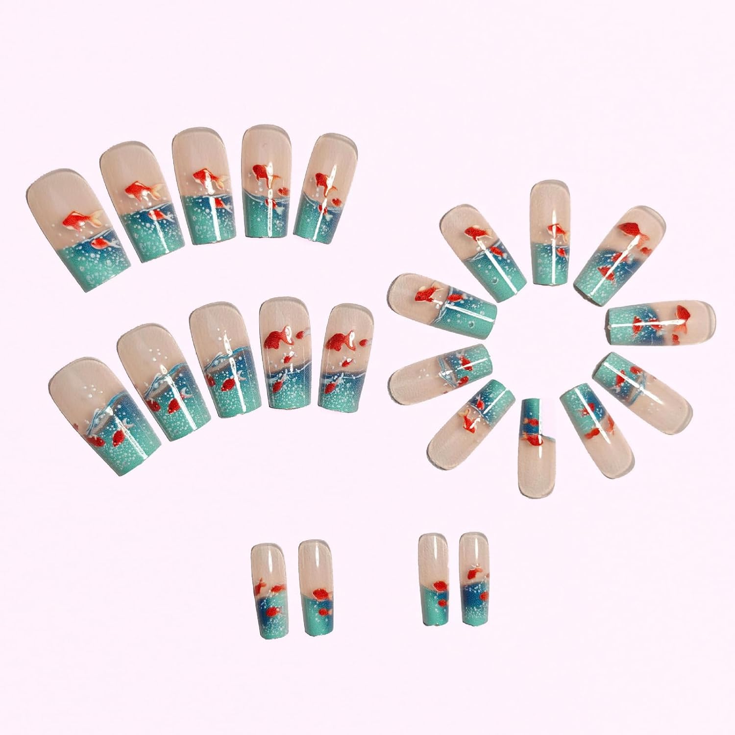 3D Goldfish Aquarium Press On Nails Clearance, Gradient Blue Water Bubble Handmade Fake Nails, Cute Koi Fish Coffin False Nail Set for Summer Manicure