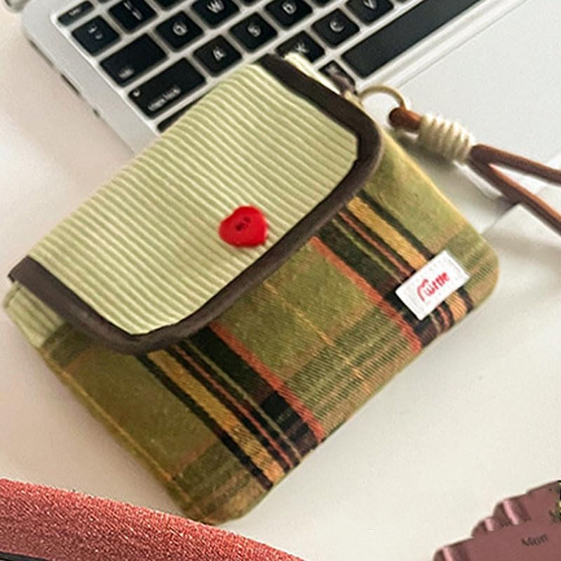 Red & Green Mixed Clearance Stock 32 Plaid Fabric Card Wallet, Cute Heart Button Mini Coin Purse with Wrist Strap Wholesale