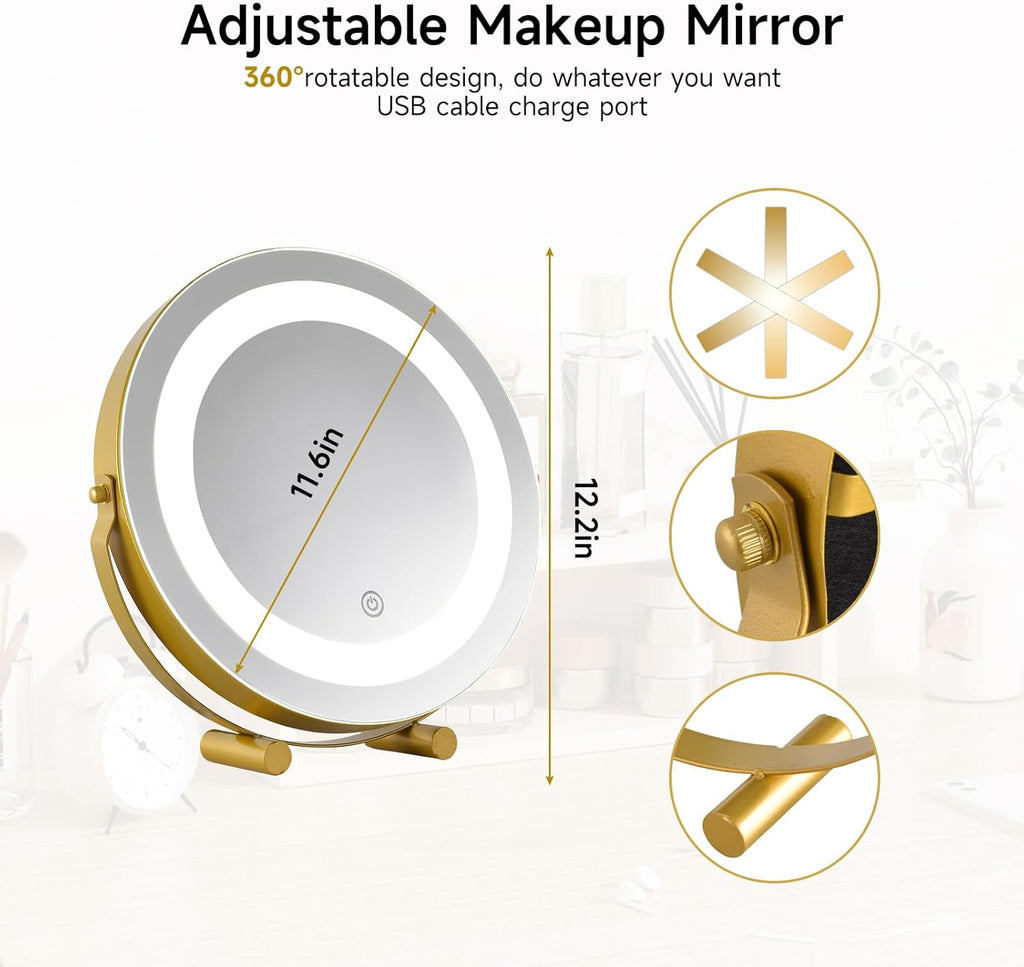 Modern LED Vanity Mirror with Touch Control, Round Gold Metal Frame, Makeup Mirror with Stand for Bathroom, Bedroom, Dressing Table