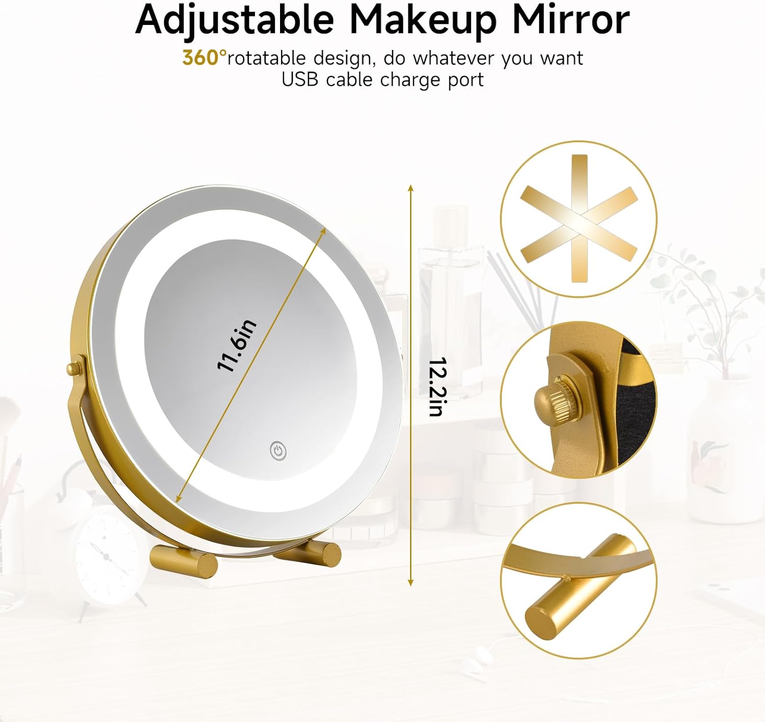 Modern LED Vanity Mirror with Touch Control, Round Gold Metal Frame, Makeup Mirror with Stand for Bathroom, Bedroom, Dressing Table
