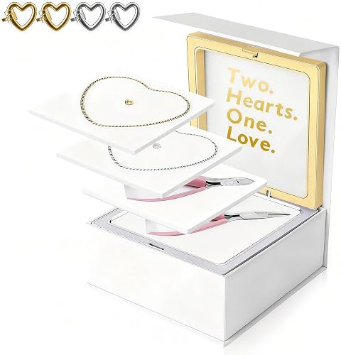 1502Pcs Clearance Two Hearts One Love Matching Couple Necklaces Set, Stainless Steel Heart Pendant Chain Jewelry Gift Box for Valentine Anniversary Wedding