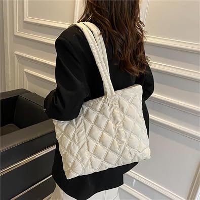 Diamond Quilted Puffer Tote Bag, Oversized Lightweight Nylon Shoulder Bag, Casual Commuter Handbag Clearance Overstock