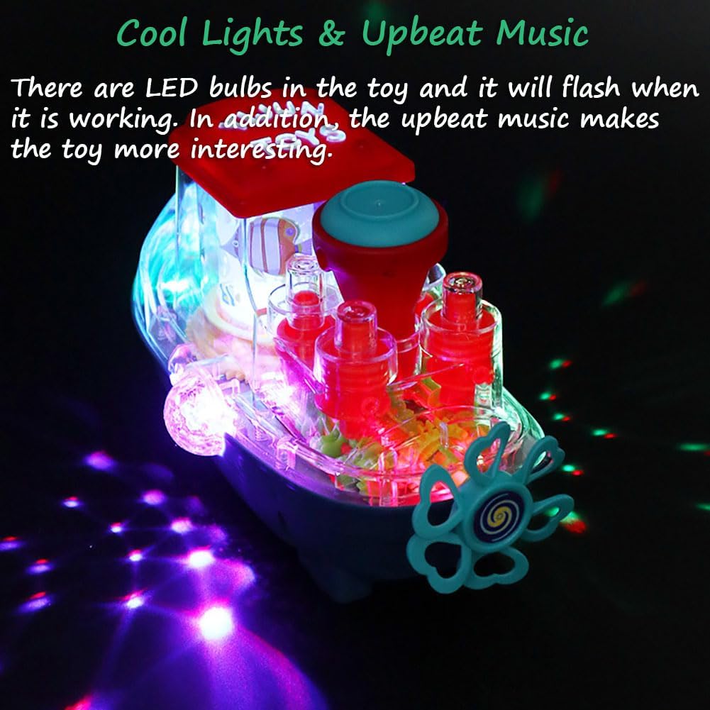 Electric Transparent Gear Boat Toy Clearance, Universal Walking Ship with Flashing Lights & Music, Ocean Sea Animal Mechanical Toy for Toddlers