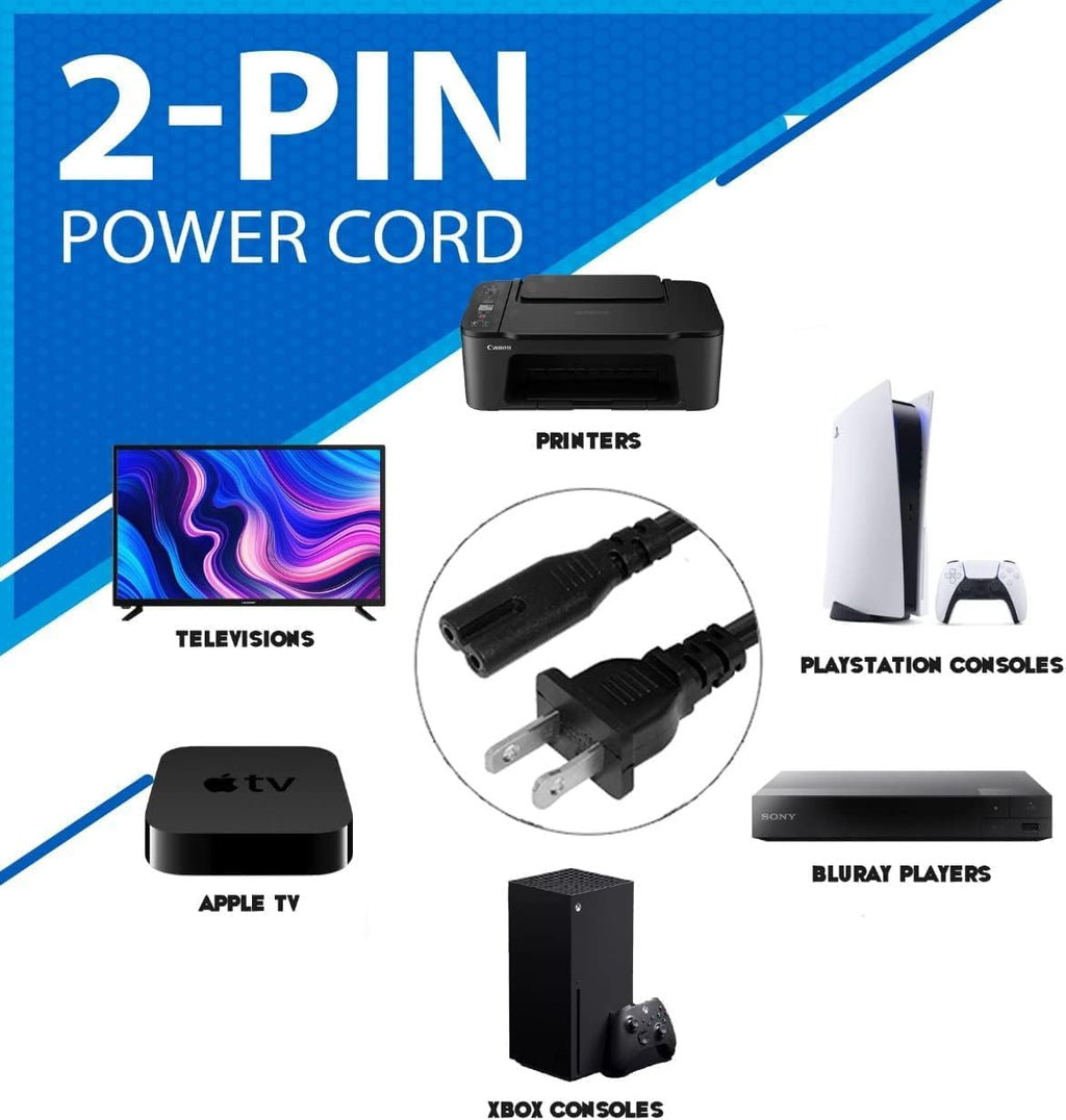 Clearance 2 Prong AC Power Cord, NEMA 1-15P / Chinese 2 Pin Plug to C7 Figure 8 Cable, Universal Replacement Power Supply Cord for Laptop TV Monitor Printer Game Console