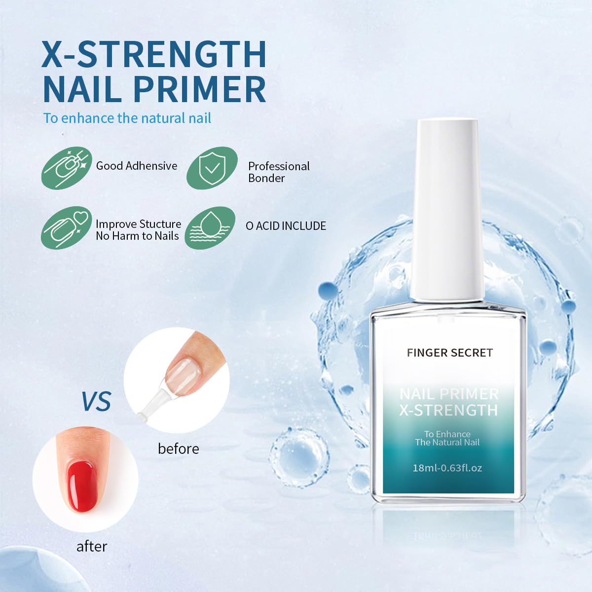 Clearance Sale Finger Secret X-Strength 18ml Nail Prep Primer, Professional Bonding Liquid for Gel & Acrylic Nails, Boost Adhesion for Extended Manicure Wear