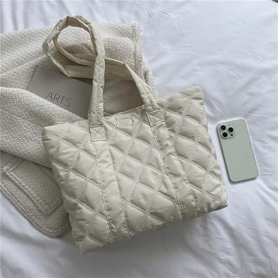 Diamond Quilted Puffer Tote Bag, Oversized Lightweight Nylon Shoulder Bag, Casual Commuter Handbag Clearance Overstock