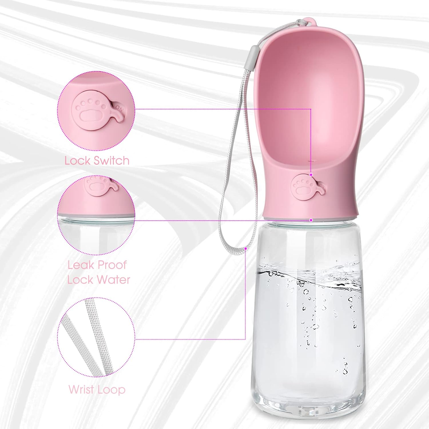 Kalimdor Dog Water Bottle, Leak Proof Portable Puppy Water Dispenser with Drinking Feeder for Pets Outdoor Walking, Hiking, Travel, Food Grade Plastic (19oz Pink)