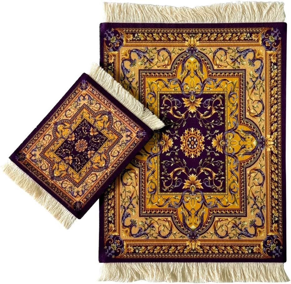 Persian Rug Mouse Pad & Coaster Set Clearance – Vintage Oriental Flower Design, Bohemian Carpet Mousepad for Office & Home, Mini Desk Accessories for Laptop & PC