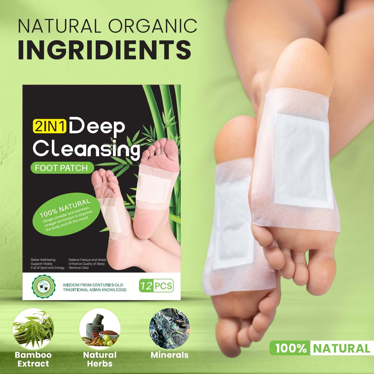 2 In 1 Natural Ginger Bamboo Foot Patches Clearance, Deep Cleansing Detox Foot Pads, 12PCS Sleep Foot Patch for Body Toxin Relief & Stress Release