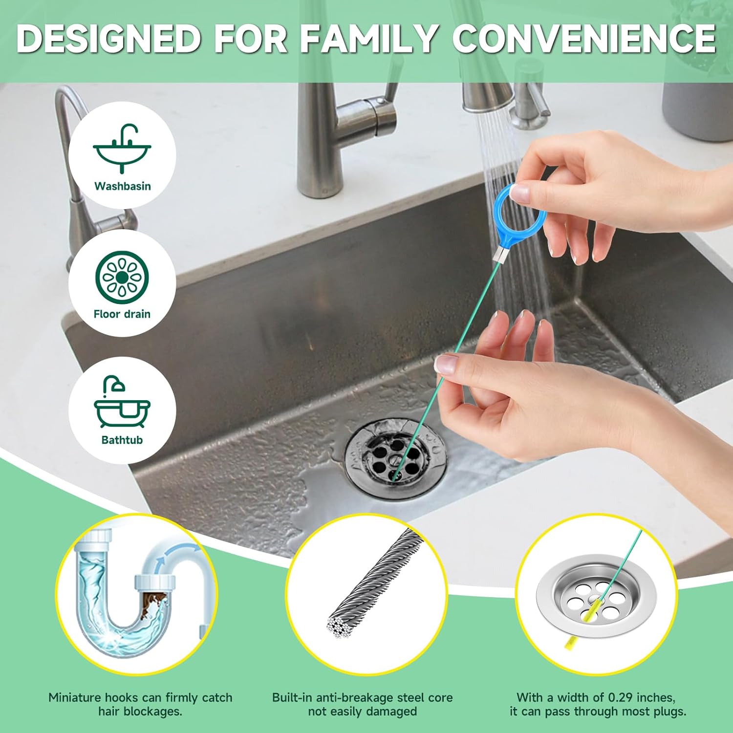 Drain Auger Pipe Cleaner Tool Set Clearance, Flexible Sink Drain Clog Remover Cable, Multi-Size Plumbing Drain Snake for Bathroom Kitchen Toilet Bathtub Sewer Clogged Pipe