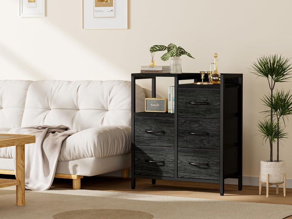 Surplus 1350 Units Black Wood Grain Fabric Drawer Storage Dresser, Metal Frame Chest of Drawers Bedroom Organizer Wholesale Clearance
