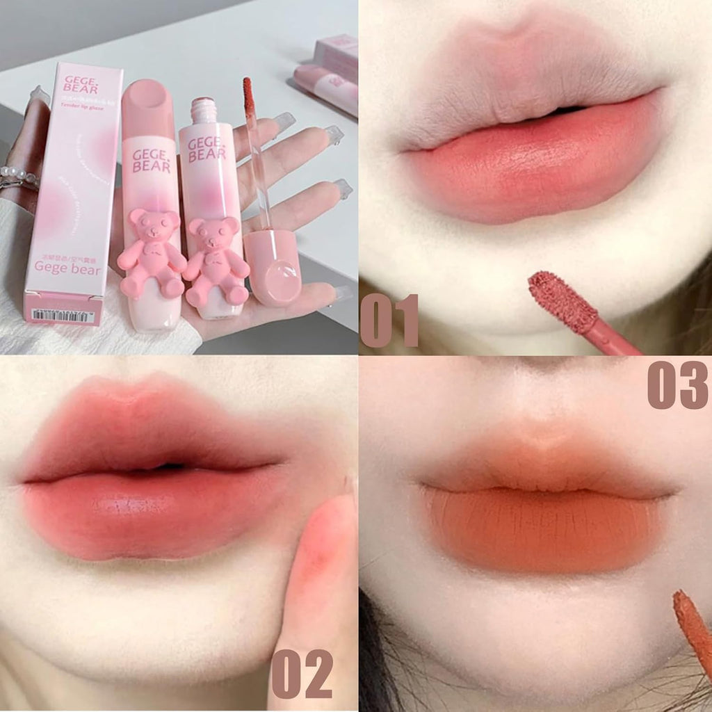 Kawaii 3D Bear Matte Lip Clay, Airy Soft Velvet Lipstick, Long Lasting Lip Gloss, Random Mixed Shades Clearance Stock