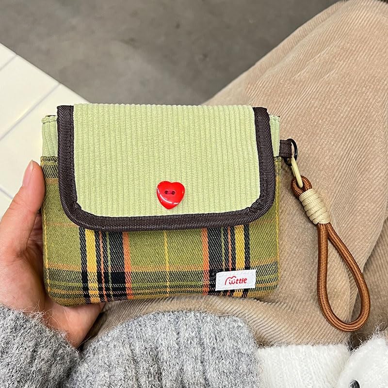 Red & Green Mixed Clearance Stock 32 Plaid Fabric Card Wallet, Cute Heart Button Mini Coin Purse with Wrist Strap Wholesale