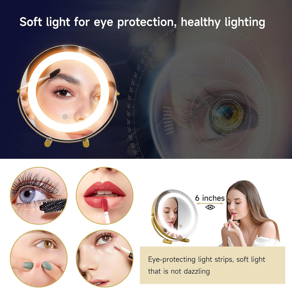 Modern LED Vanity Mirror with Touch Control, Round Gold Metal Frame, Makeup Mirror with Stand for Bathroom, Bedroom, Dressing Table