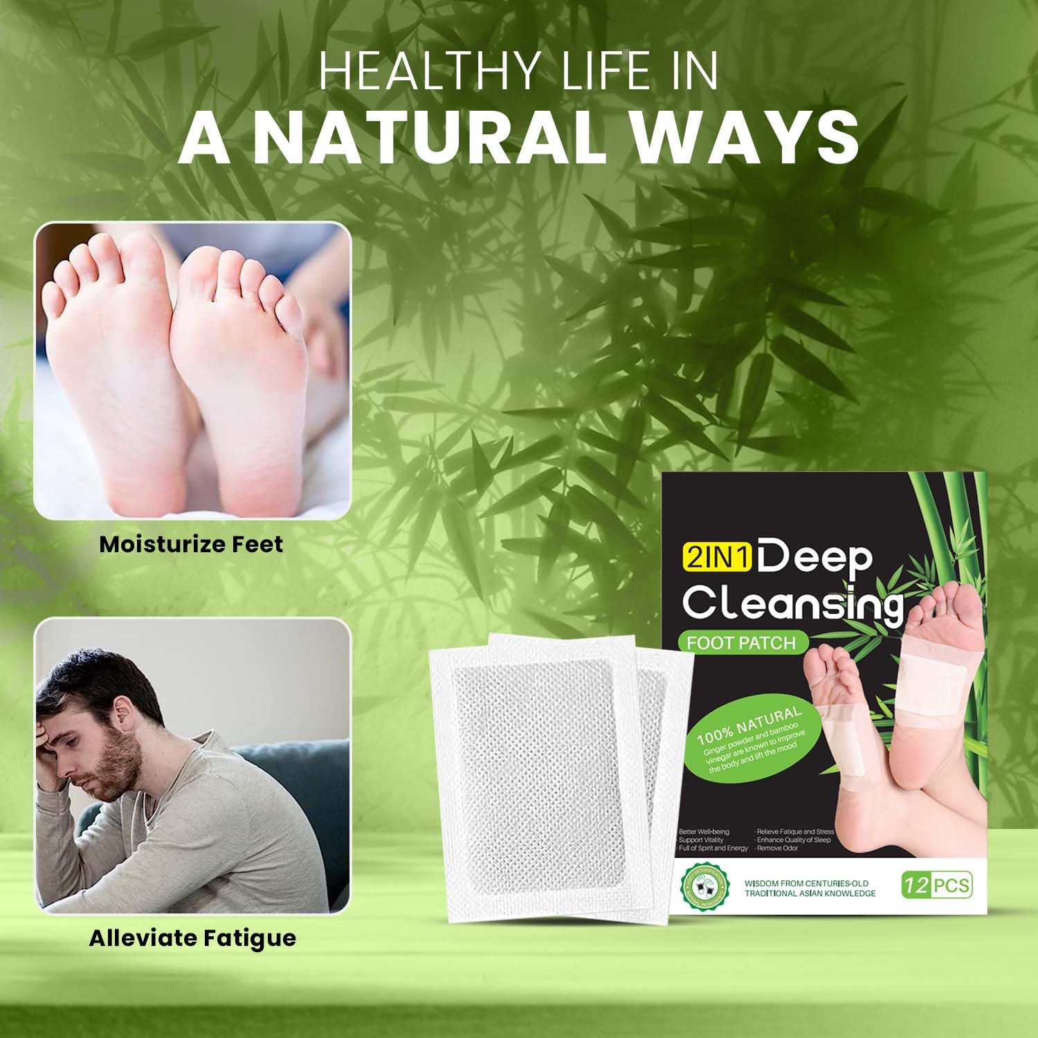 2 In 1 Natural Ginger Bamboo Foot Patches Clearance, Deep Cleansing Detox Foot Pads, 12PCS Sleep Foot Patch for Body Toxin Relief & Stress Release