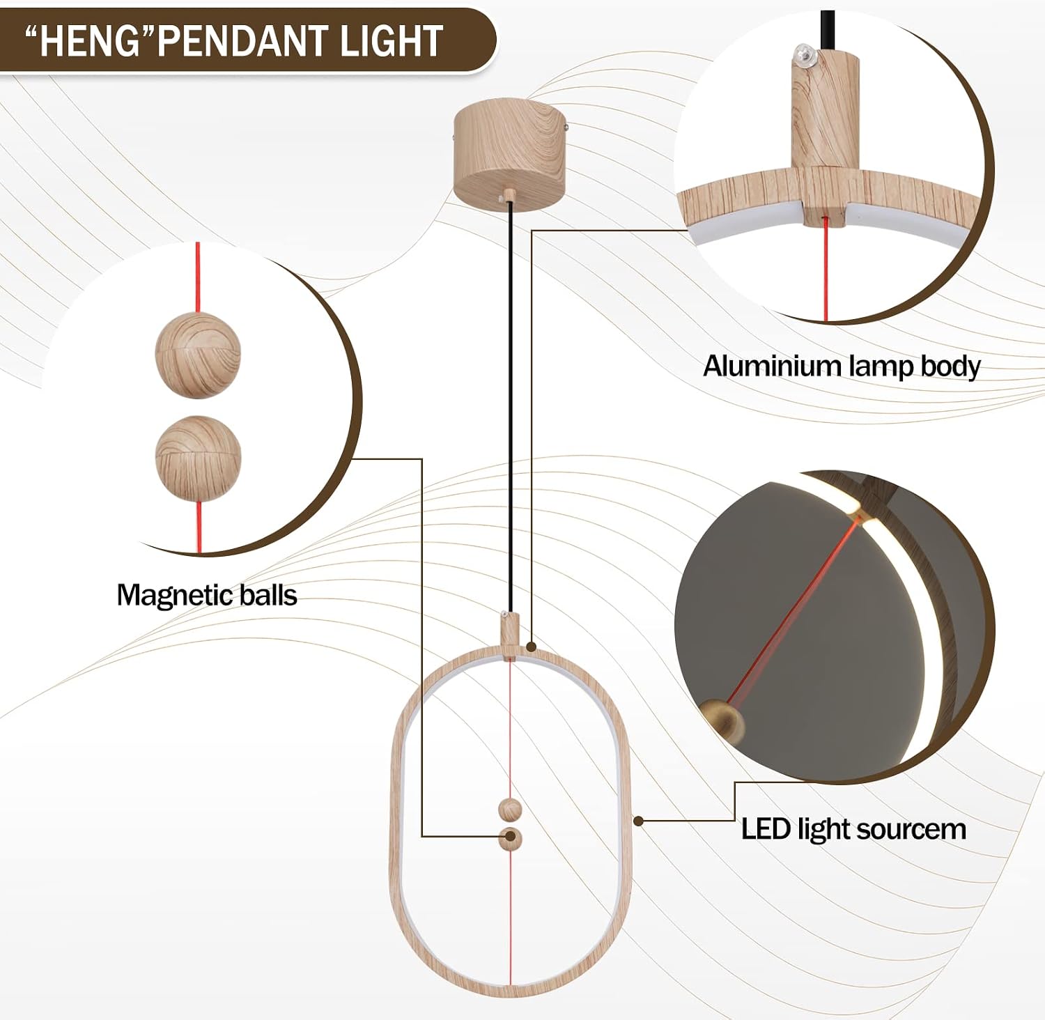 Modern Geometric LED Pendant Lights Clearance, Multi Shape Circle Square Oval Minimalist Hanging Lamp, Black White Frame Red Wire Decor Chandelier for Bedroom Dining Kitchen Cafe