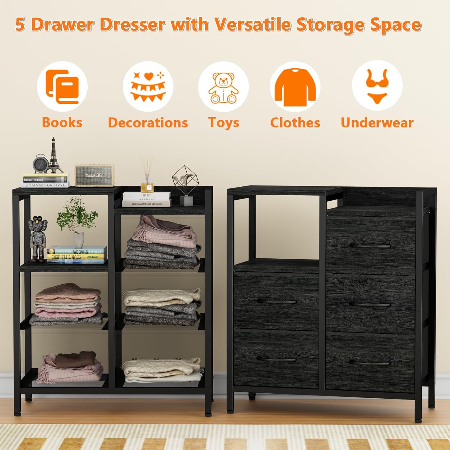 Surplus 1350 Units Black Wood Grain Fabric Drawer Storage Dresser, Metal Frame Chest of Drawers Bedroom Organizer Wholesale Clearance